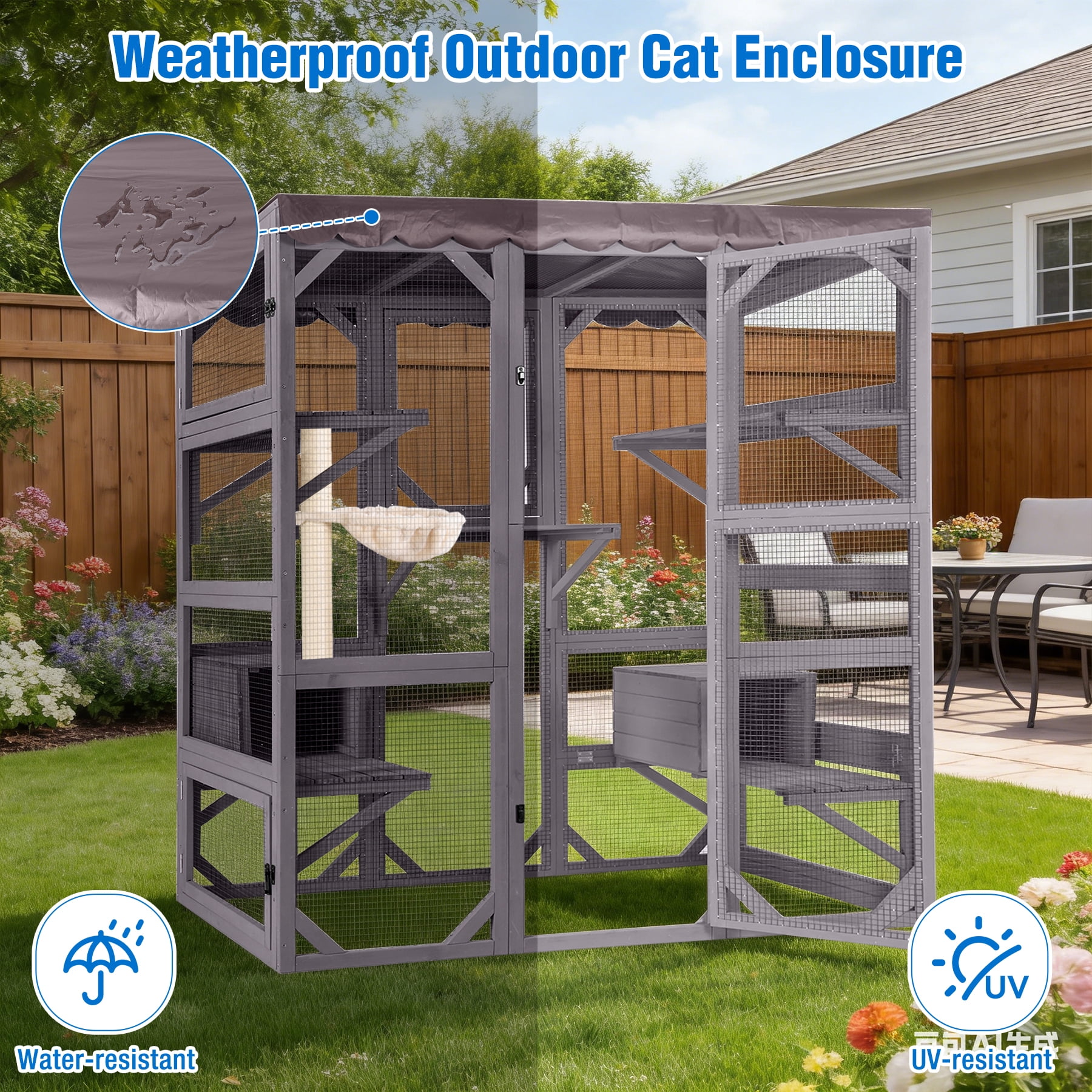 Suumerpety Catio Outdoor Cat Enclosure 70" Large Wooden Cat House with Weatherproof Roof & 7 Platforms & 2 Condons Window Catio for Indoors and Outdoors Gray