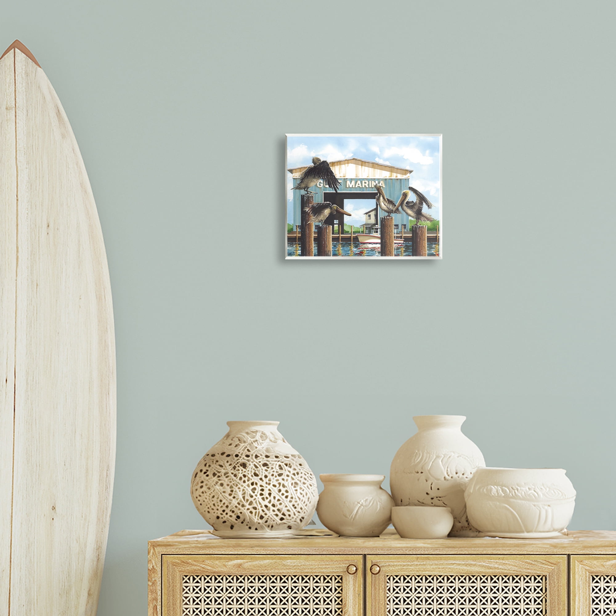 Stupell Industries Boat Marina Pelicans Nautical & Beach Painting Unframed Art Print Wall Art, 14 x 11