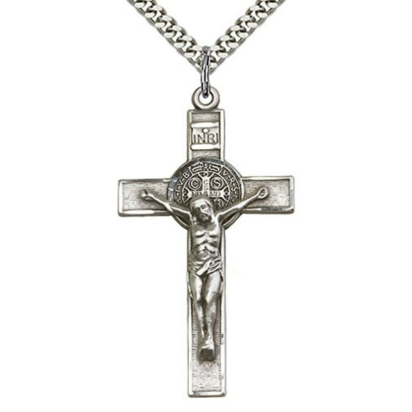 Heartland Store Men's Sterling Silver Saint Benedict Crucifix Pendant + 24 Inch Rhodium Plated Chain & Clasp