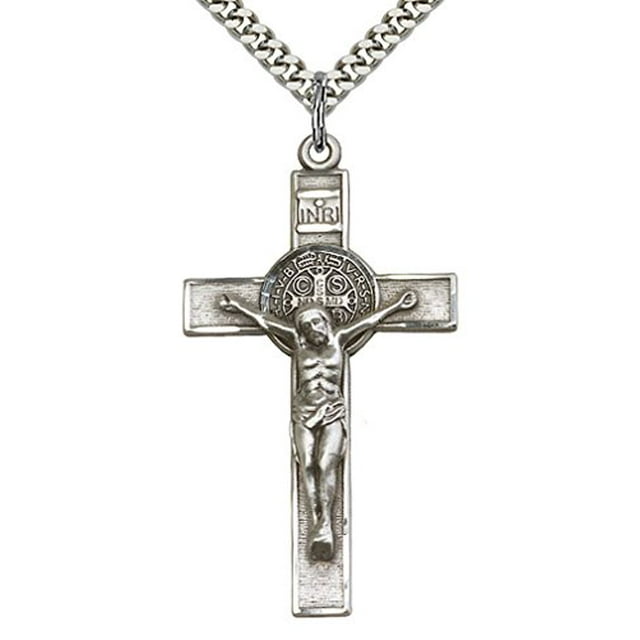 Heartland Store Men's Sterling Silver Saint Benedict Crucifix Pendant + 24 Inch Rhodium Plated Chain & Clasp