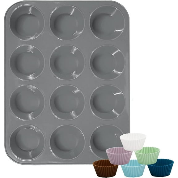 Katbite Silicone Muffin Pan, Non-stick BPA Free Cupcake Pans 12 Cups With 6 baking cups,Grey