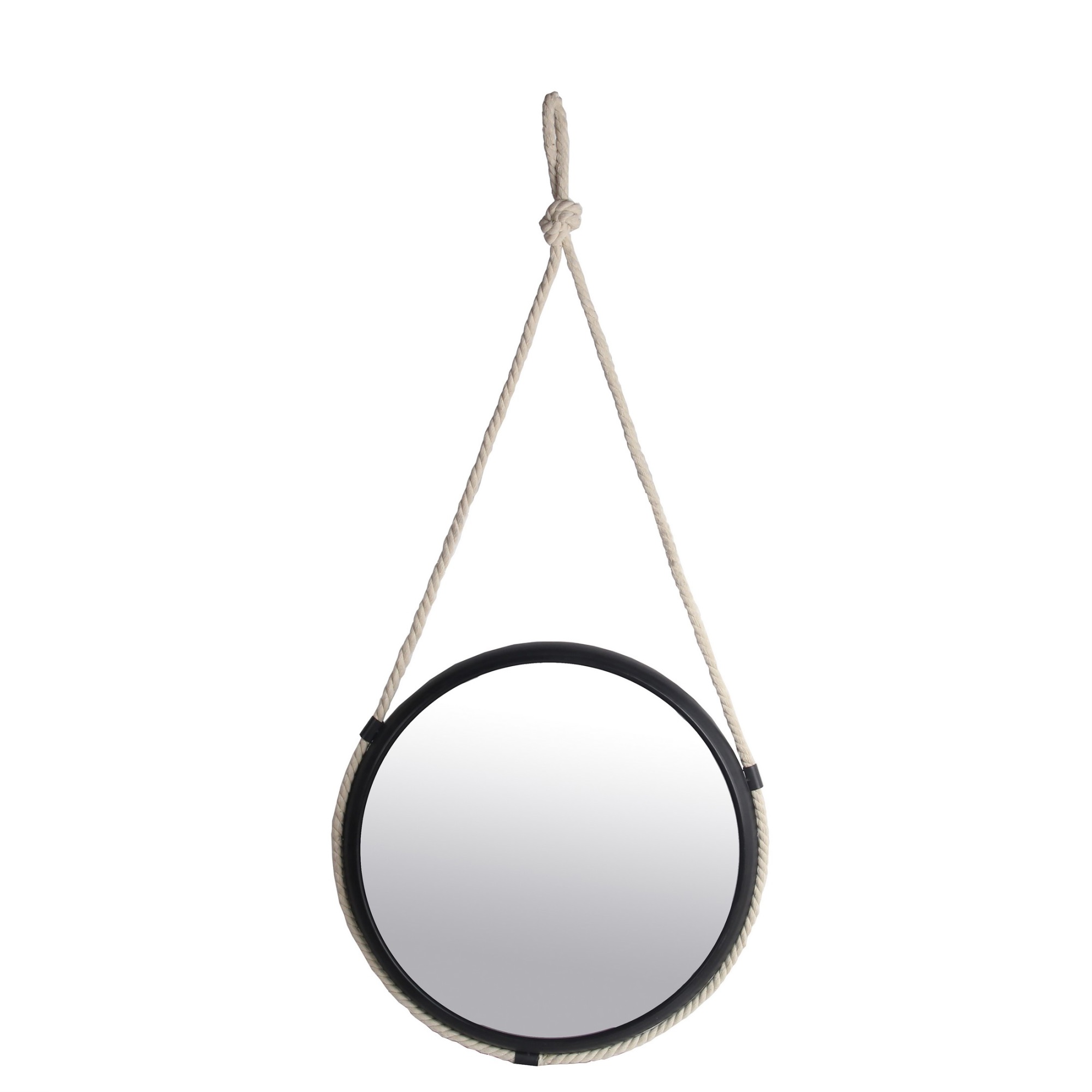 Metal Encased Round Wall Mirror with Braided Rope, Large, Black and