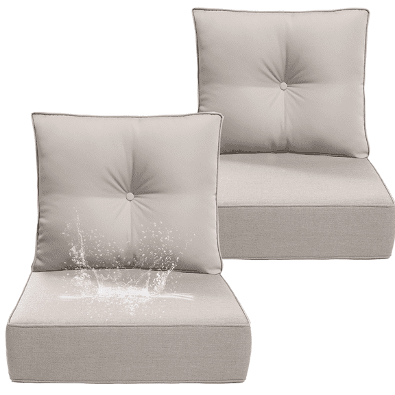 PUKNLY 2 Pack Outdoor Chair Cushion, 24x24x6 in Patio Furniture Cushions, Waterproof & Fade Resistant High Back Deep Seat Cushions Replacement for Wicker Chairs, Loveseats, Sofas, Benches, Khaki
