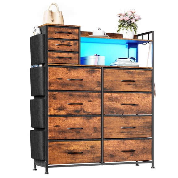 COZONY 11‑Drawer Dresser, Fabric Drawers, Shelves & Hooks, Metal Frame Storage Cabinet for Bedroom, Living Room, Hallway,Tiger stripes