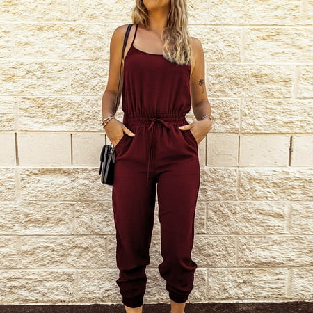 

STEADY Women s Fashion Casual Top Corset Solid Color Pocket Drawstring Sleeveless Jumpsuit XL / Wine