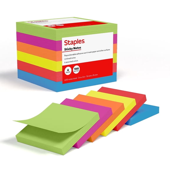 Staples Sticky Notes 3" x 3" Summer Breeze Collection 100 Sheets/Pad 6 Pads/Pack (ST62867)