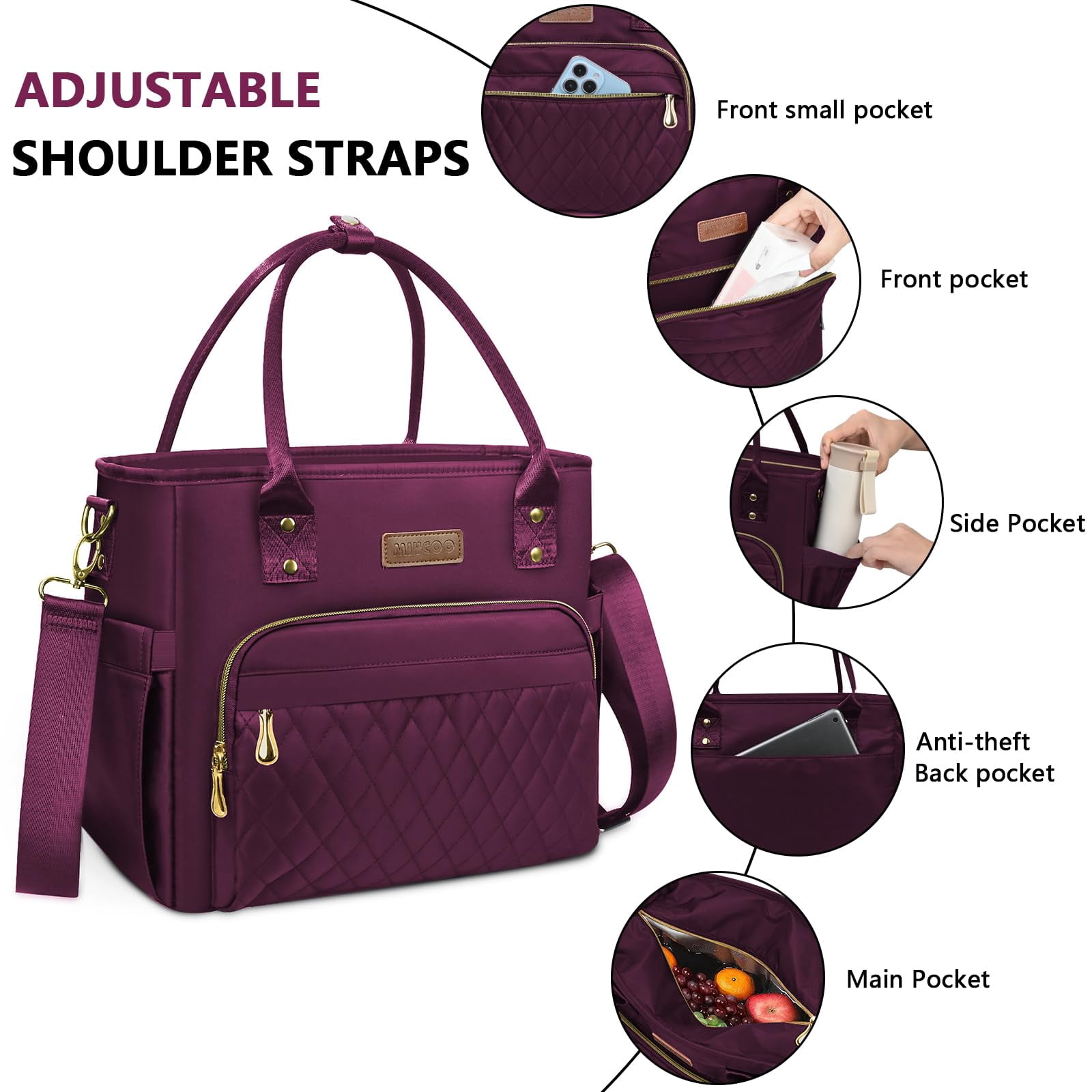 Lunch Bag Box Women - Leakproof Insulated Cooler For Large Tote Bags Adults  Purple