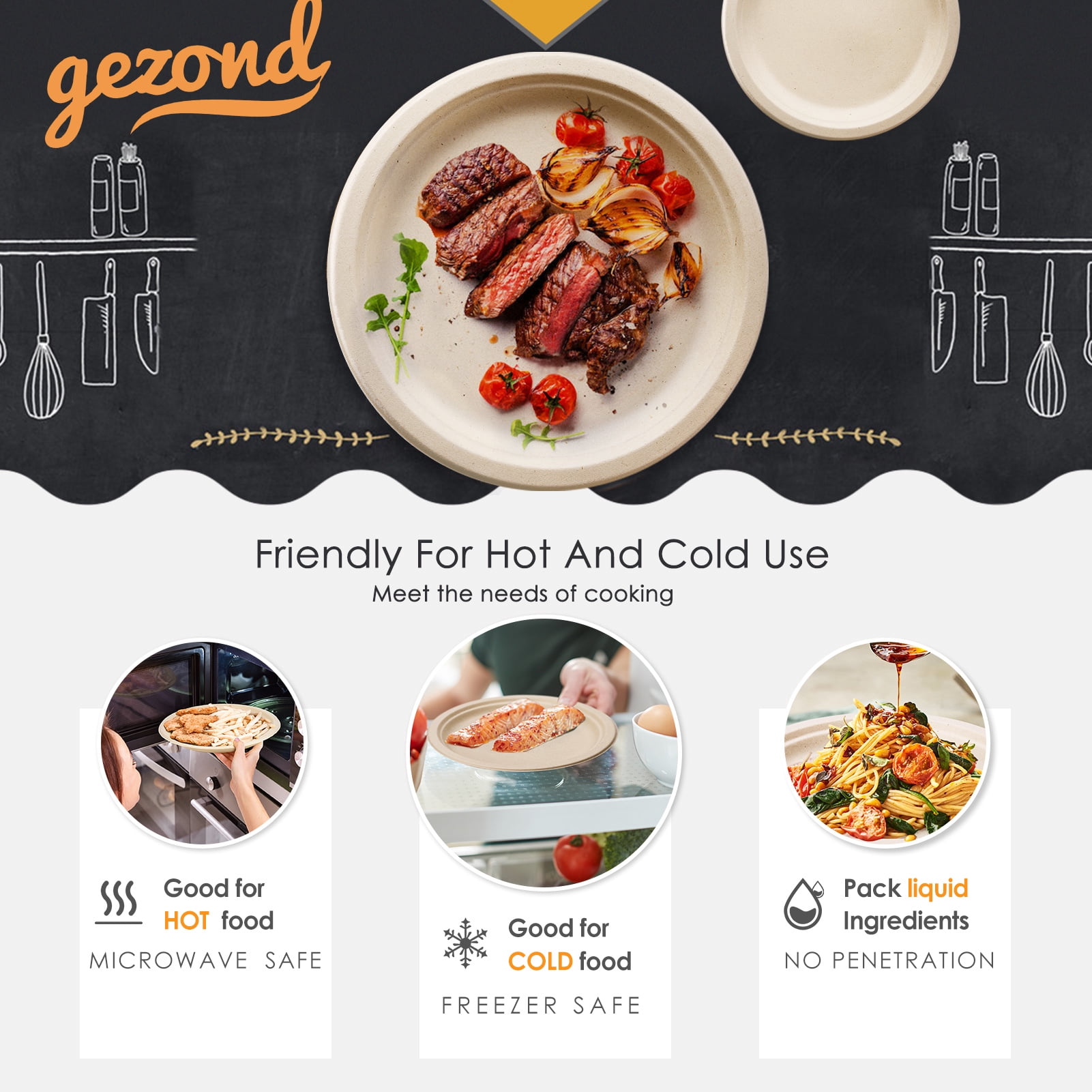 Gezond 250Pcs Disposable Paper Plates Set, Compostable Plate Sugarcane Utensils Eco Friendly Dinnerware Kit Includes 50 Biodegradable Plates, Forks, Knives and Spoons