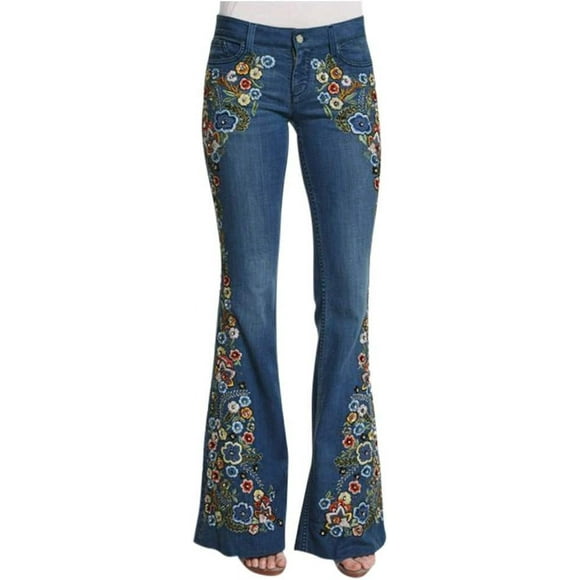 Flower Embroidered Jeans for Women Juniors, Low Rise Boho Style Bell Bottom Jeans Stretch Pull-On Skinny Flared Denim Pants Retro Trouses Blue XL