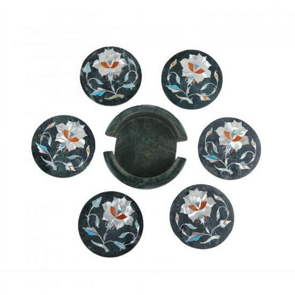 Black Marble Round Tea Coaster Set Inlay Floral Art Gifts