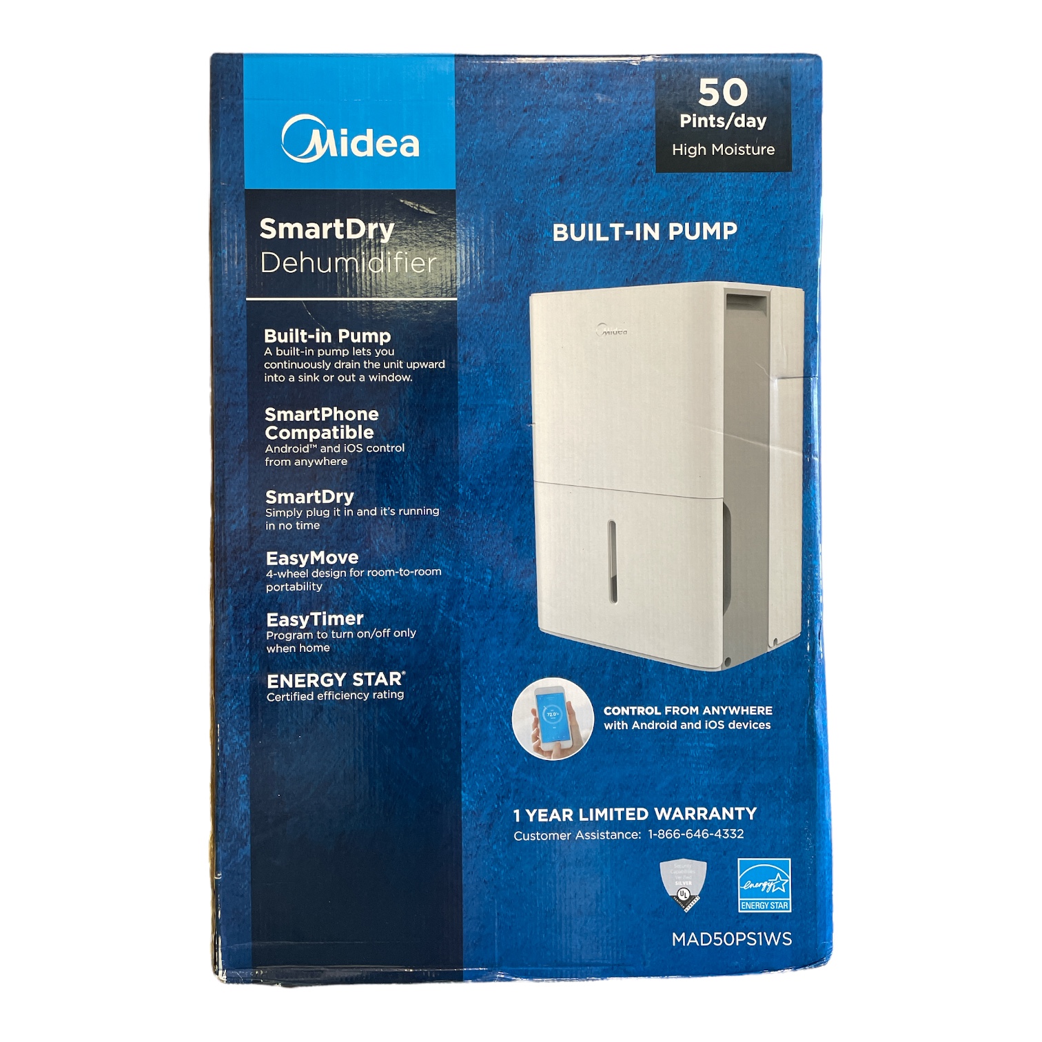Midea 50Pint SmartDry Dehumidifier with Builtin Pump, White