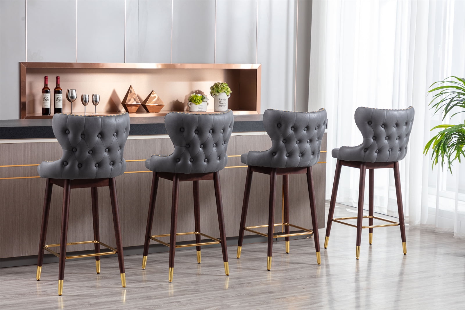 Yardi Yard Modern Leathaire Set of 2 Bar Stools with Back, 29.9" Tufted Gold Nailhead Trim Counter Height Stools for Pub Kitchen, Dark Gray Yardi Yard Modern Leathaire Set of 2 Bar Stools with Back, 29.9" Tufted Gold Nailhead Trim Counter Height Stools for Pub Kitchen, Dark Gray