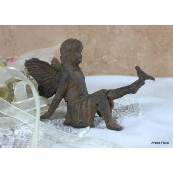 Upper Deck Cast Iron Siting Angel with Bird Garden Fairy Statue- 3.5" By 6" By 4"