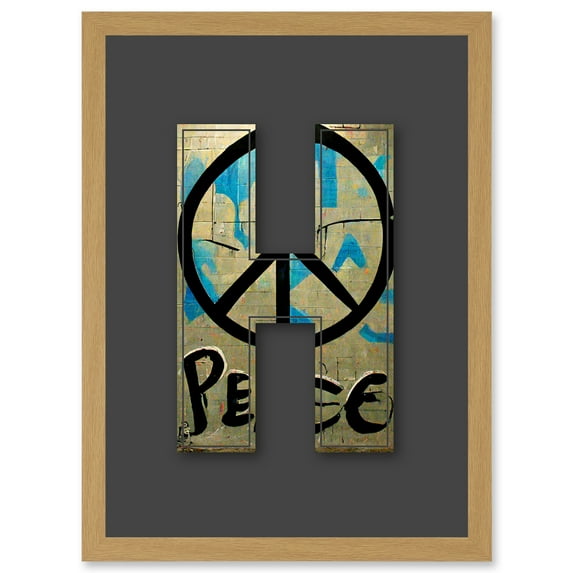 Letter H Peace Sign Beige Black Decorative Graffiti Mural Alphabet Initial Stencil Artwork Framed Wall Art Print A4