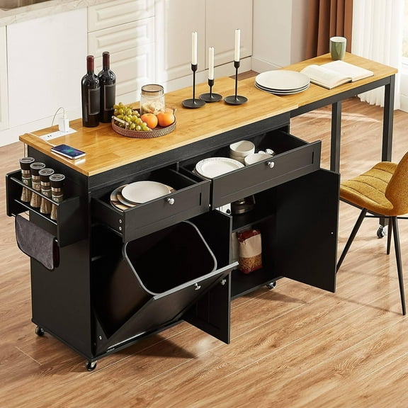 Rolling Kitchen Cart w/Extendable Dining Table, 81.7" Mobile Kitchen Storage Islands w/Trash Cabinet, Power Outlet, Spice Rack & Towel Rack, Black
