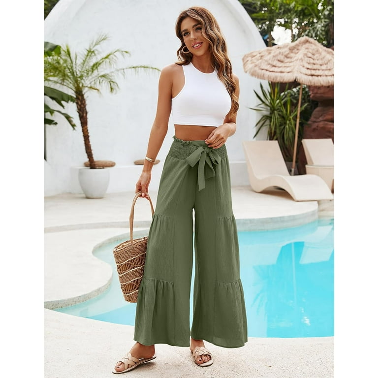 Women Linen Pants Summer Vacation Outfits Wide Leg High Waisted Pants Palazzo Flowy Pants Trouser 2024 Walmart