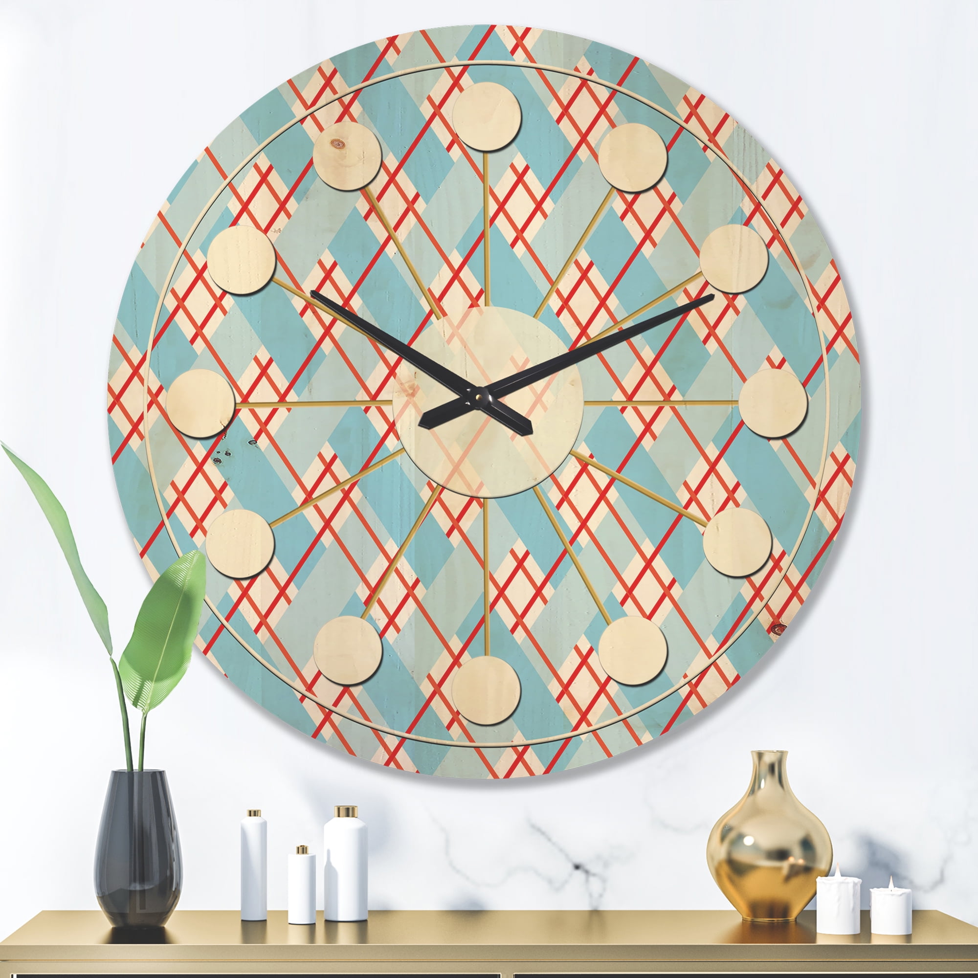Designart 'Red and Blue Plaid' Mid-Century Modern Wood Wall Clock