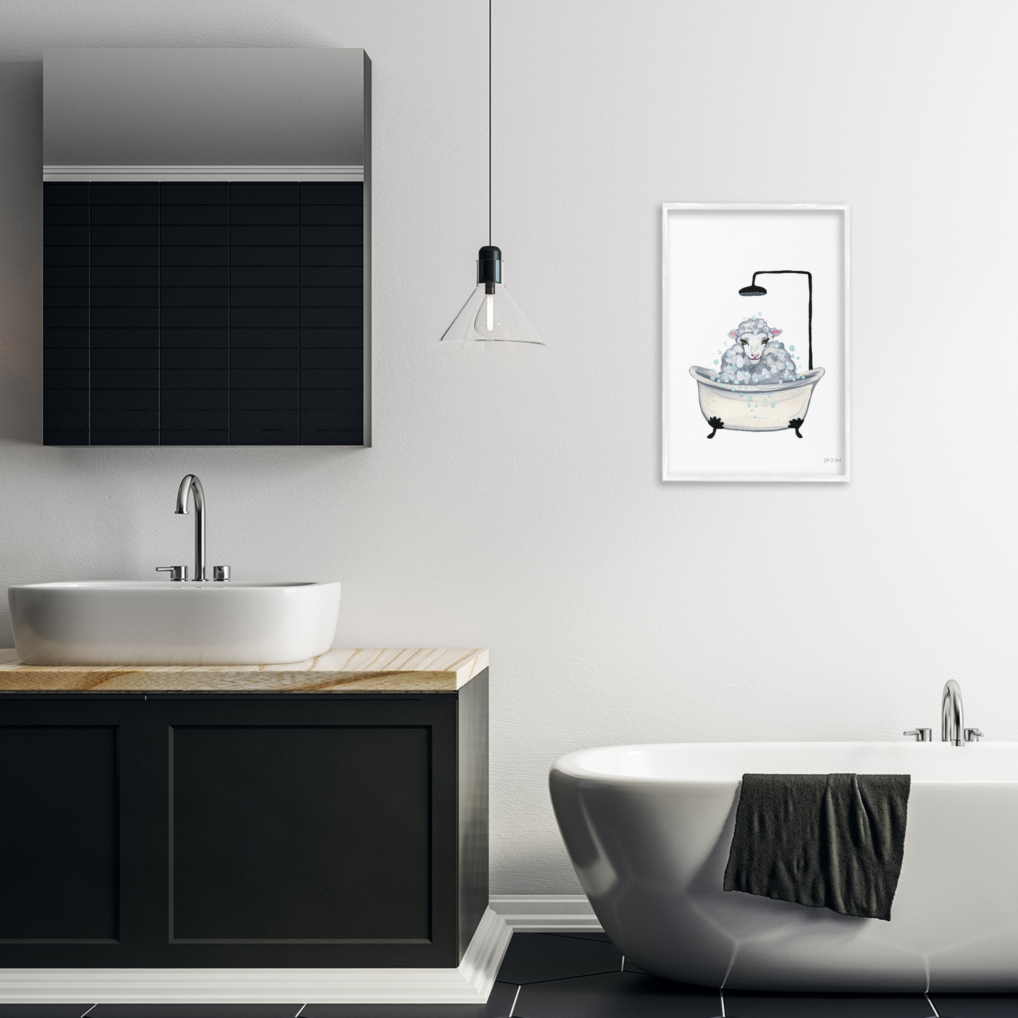 Stupell Industries Farm Sheep Bathtub Typography Painting White Framed Art Print Wall Art, 16 x 24
