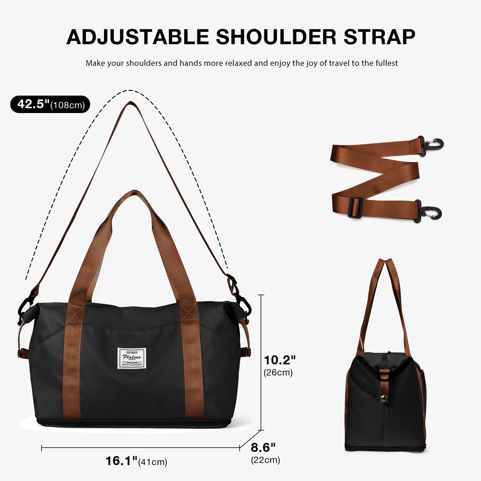 Travel Bag, Waterproof Duffel Gym Tote Bag, Weekender Carry On Overnight Bags for Women Men Approved Personal Item Bag for Airlines with Trolley Sleeve, Travel Duffel Bags, Black Brown