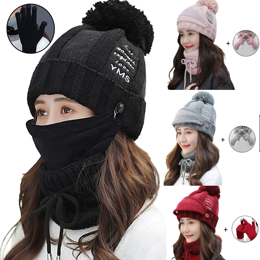 5 Pieces Winter Beanie Hats and Scarf Mouth Warmer Winter Headband for Women Men Touch Screen Gloves