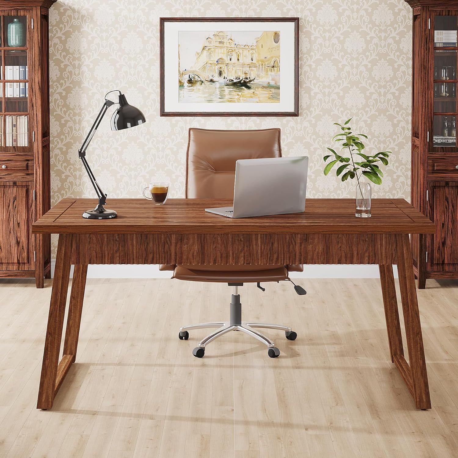 Tribesigns 55" Executive Desk, Solid Wood Home Office Computer Desk with Drawer, Walnut Brown