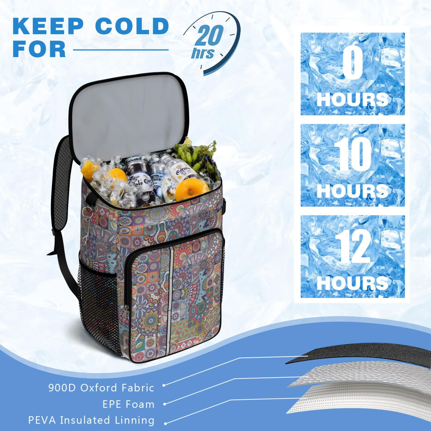 Travel Cooler Bag - Boho Bohemia Flower Camping Beer Cooler Backpack with Bottle Opener- Waterproof Insulated Picnic Backpacks - Cooler Bag for Beach