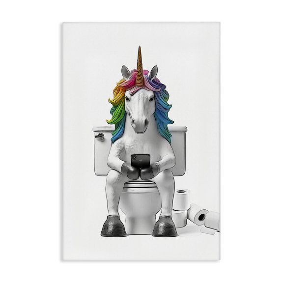 Stupell Industries Unicorn Texting on Toilet Typography Painting Gallery Wrapped Canvas Art Print Wall Art, 16 x 24