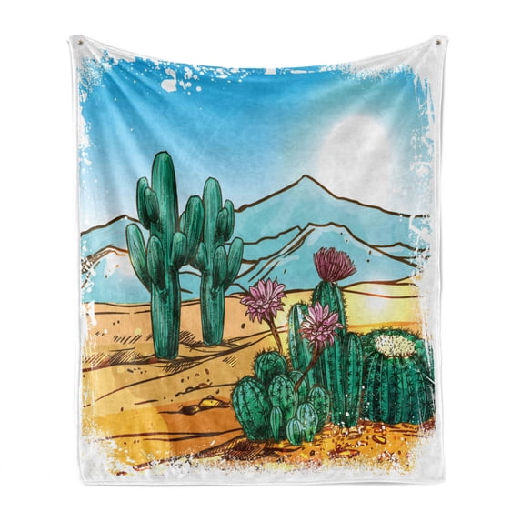 Cactus Soft Flannel Fleece Throw Blanket, Vector Image with Cartoon Design Cactus Flowers Mountains Desert Sand Sun Artwork, Cozy Plush for Indoor and Outdoor Use, 70" x 90", Multicolor, by Ambesonne