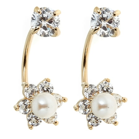 - 14k Yellow Gold Freshwater Cultured Pearl Cubic Zirconia Flower Front and Back Dangle Earrings