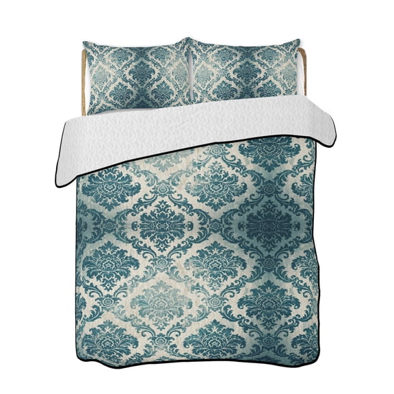 Quilt King Size Bedding Set, Turquoise Boho Reversible Summer Quilt 3 Pieces, Teal Ombre Floral Ethic Tribe Lightweight Bedspreads Coverlets with 2 Pillow Shams for All Seasons