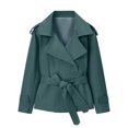 thumbnail image 2 of Cropped Trench Coat for Women Lapel Collar Belted Button Blazer Casual Trendy Elegant Office Fall Jacket, L, 2 of 7