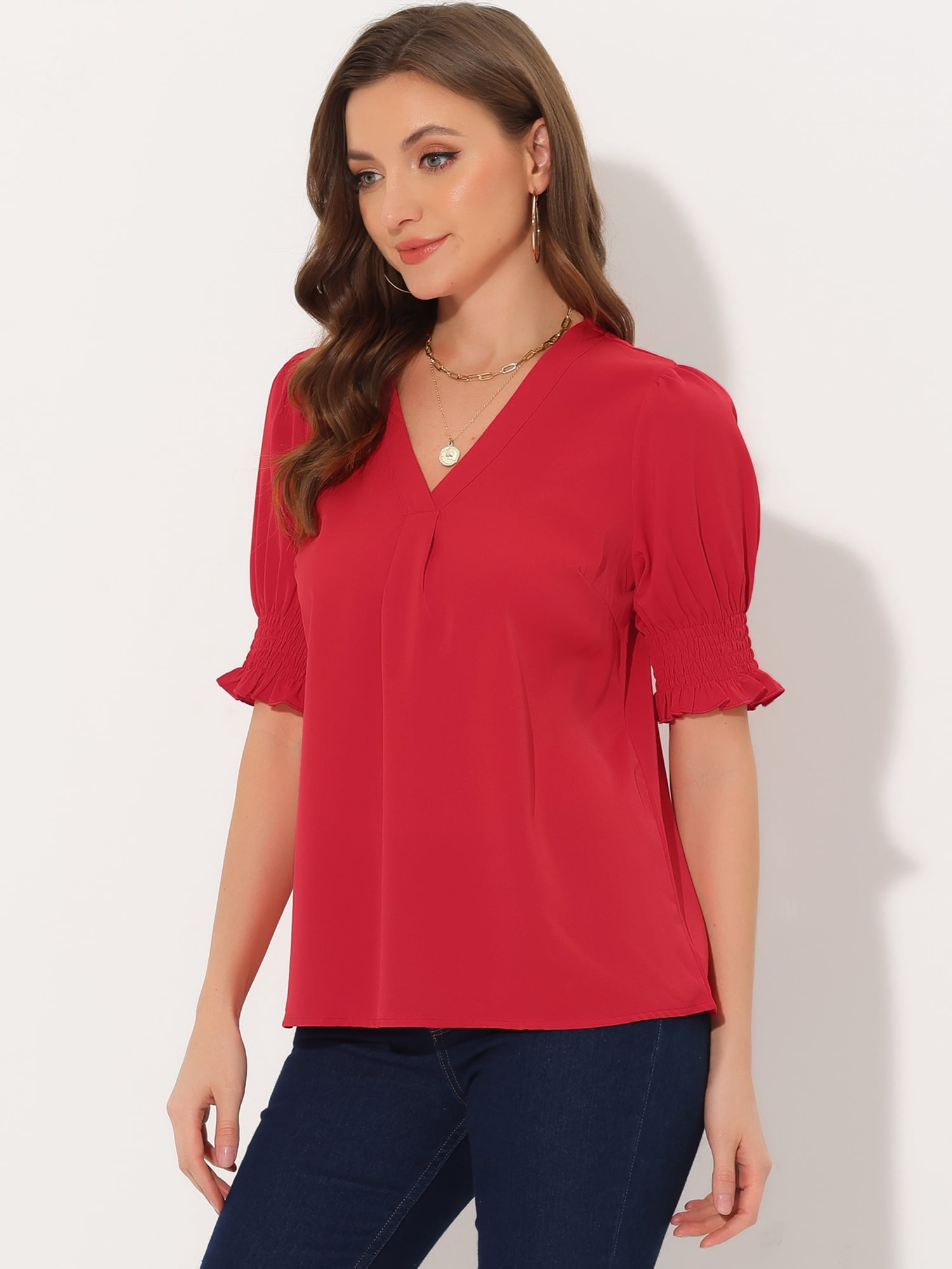 DARING DIVA Women's Puff Short Sleeve Retro V Neck Fashion Top L Red
