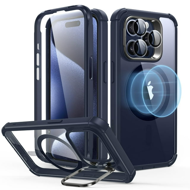 Funda ESR para iPhone 15 Pro con soporte, MagSafe, transparente, azul oscuro