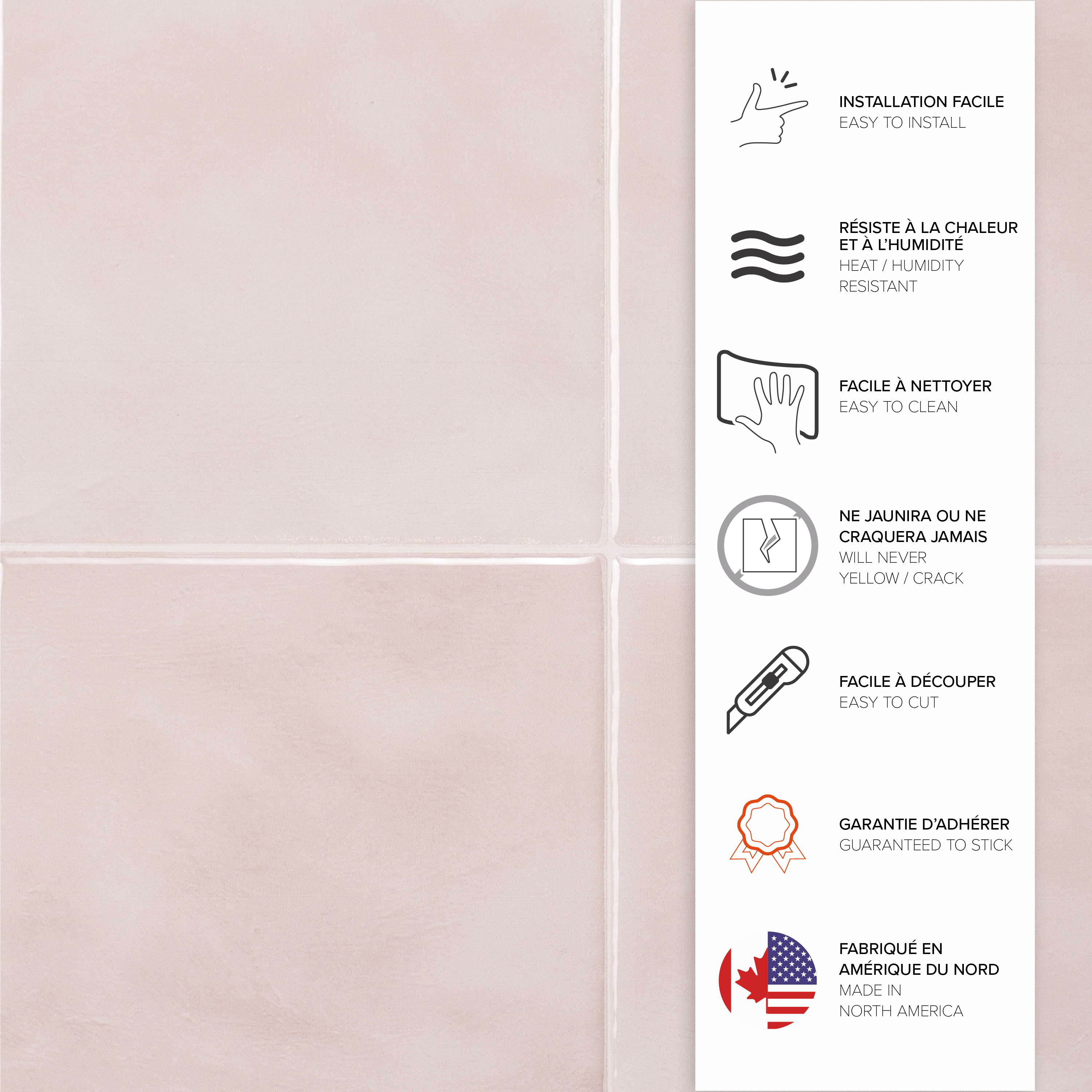 Smart Tiles Peel and Stick Backsplash, 5 Adhesive Tiles, Zellige Pink, 9"x9"
