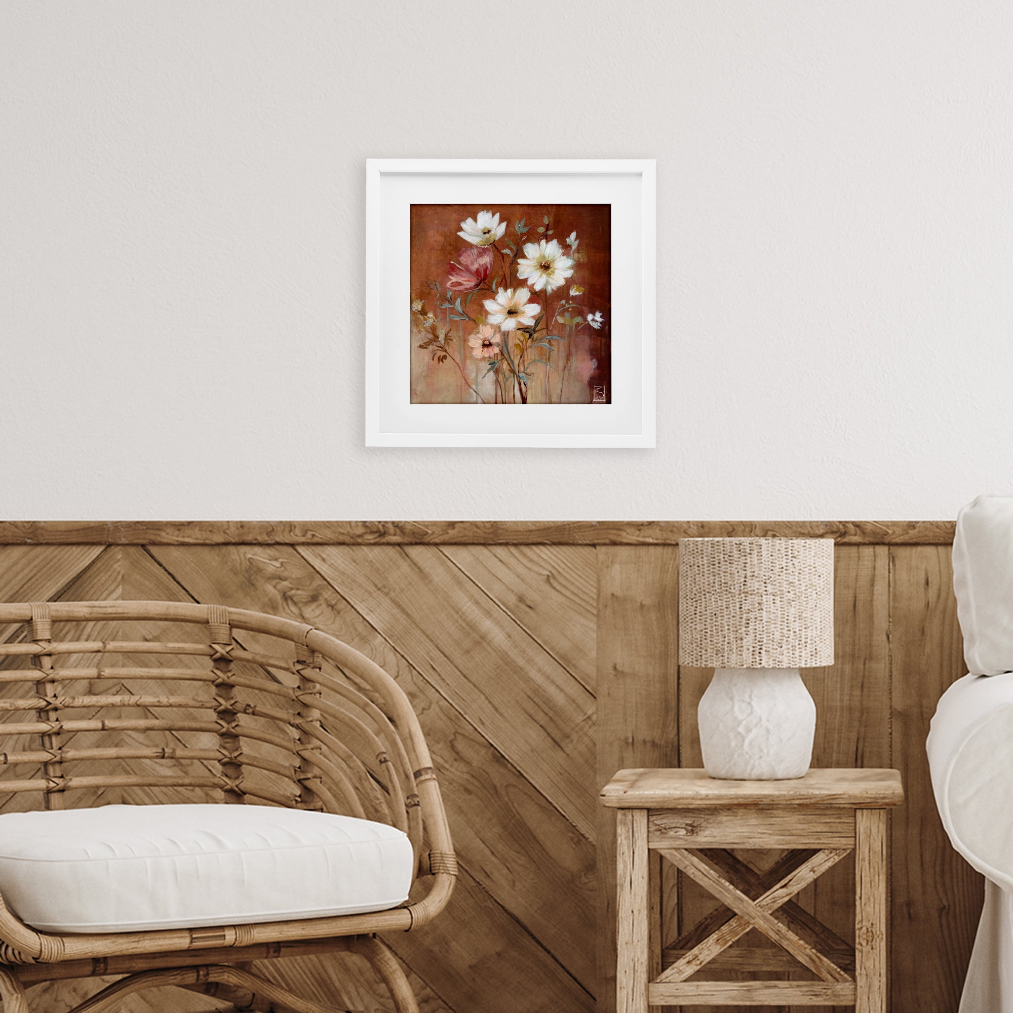 Mocha Flowers Collection White Framed Print Under Glass, design by Sara Culpepper