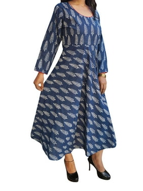 Mogul Beautiful Blue Printed Flare Long Dress Round Neck Long Sleeves Cotton Summer Fashion Indian Style Maxi Sundress L