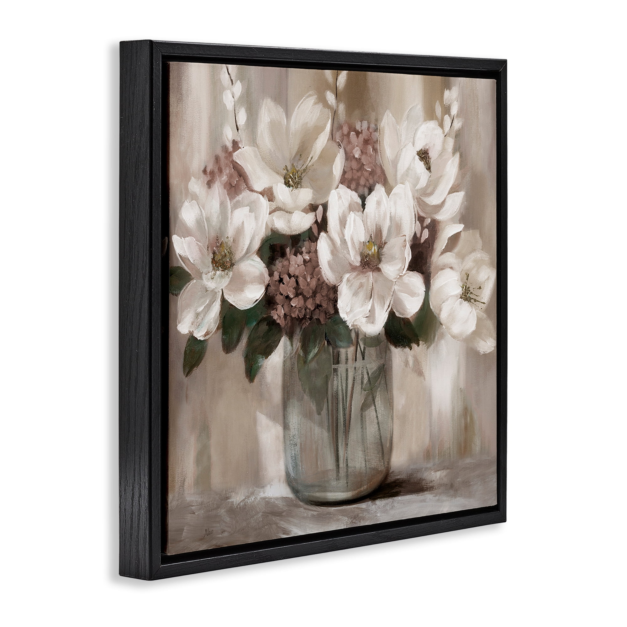 Stupell Industries Ivory Magnolias Vase Black Framed Floater Canvas Wall Art, design by Nan