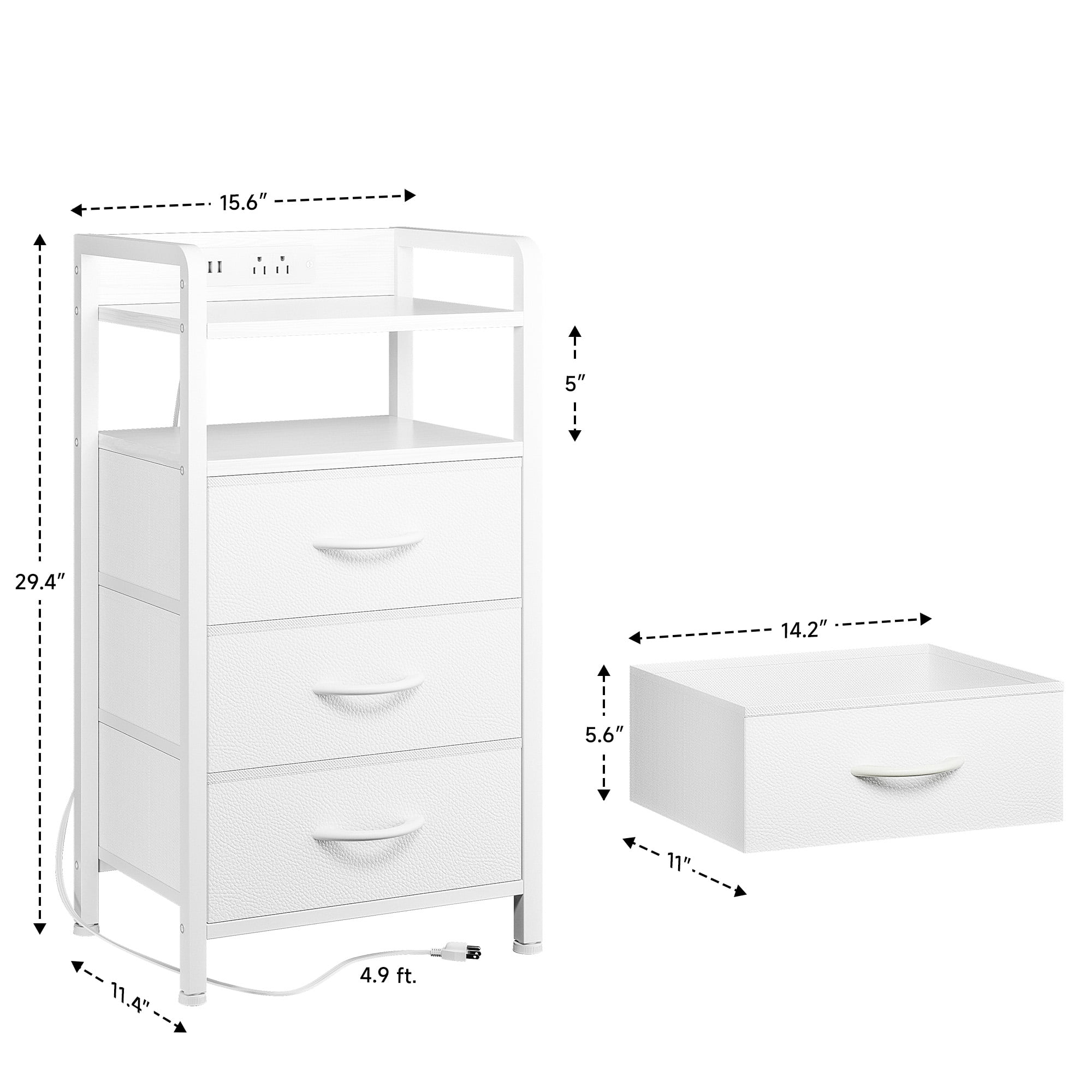 Bestco LED Nightstand End Table with Charging Station & 3 Drawers for Bedroom White
