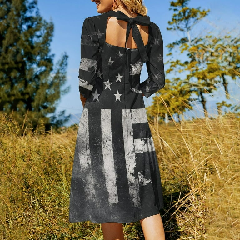 Vintage American Flag Black And White Flare Dress Square Neck