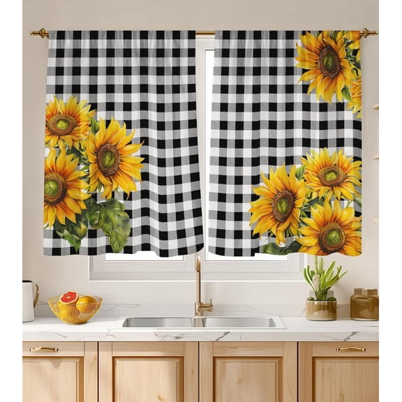 Black and White Buffalo Check Sunflower Kitchen Curtains, Rustic Floral Tier Curtains, Light Filtering Window Curtains for Kitchen Bathroom Laundry Room, 2 Panels, 28"x 40"