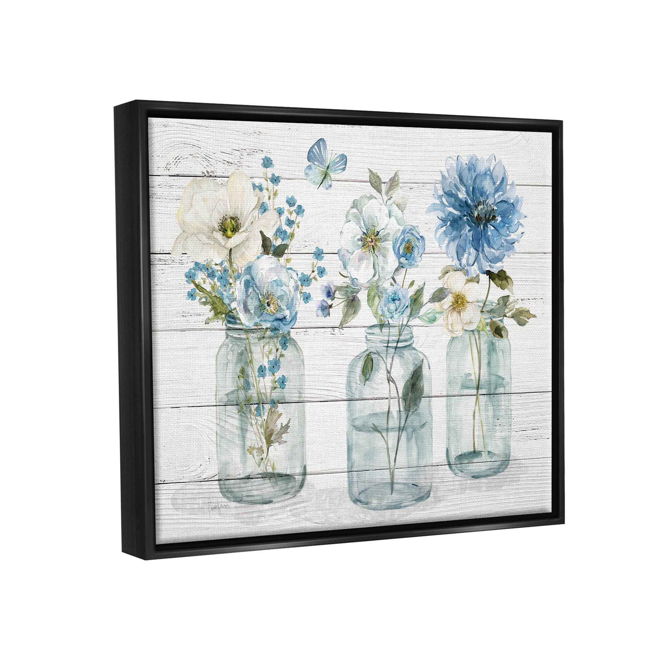 Blue Country Jar Bouquets Botanical & Floral Graphic Art Jet Black Framed Art Print Wall Art
