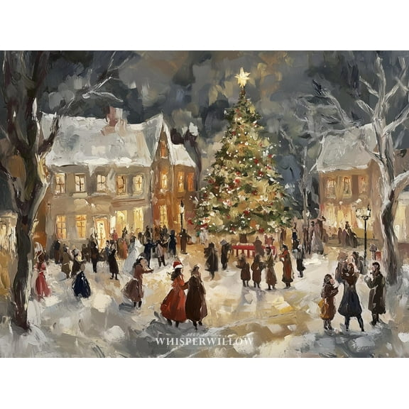 Velto Abstract Vintage Holiday Eve Village, Festive Winter Snow, Holiday Tree, Victorian Carolers Decor Canvas, 8x10 UNFRAMED