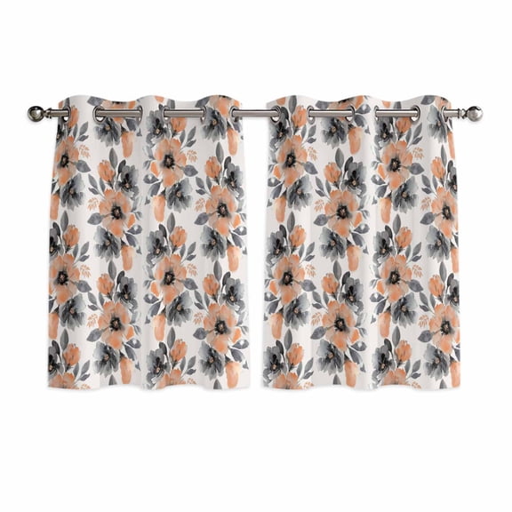 Orange Floral Kitchen Curtains Window Panels, Abstract Watercolor Flower Leaf Plant Insulated Window Treatment Curtain, Grommet Curtains for Bedroom/Living Room/Bathroom, 2 Piece 52"Wx45"L