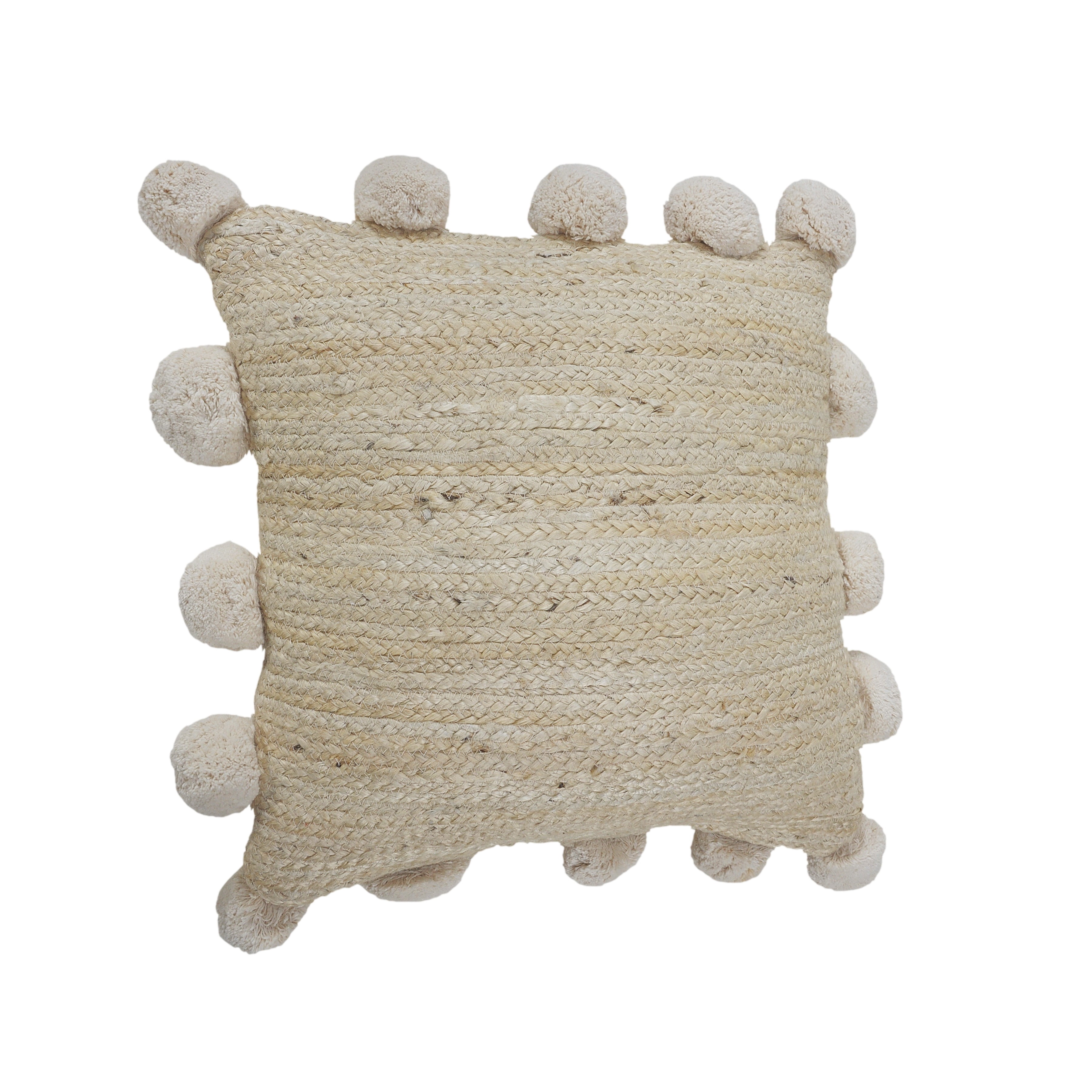 Ox Bay Quade 20" x 20" Natural Solid Jute Pom Pom Bordered Adult Decorative Throw Pillow