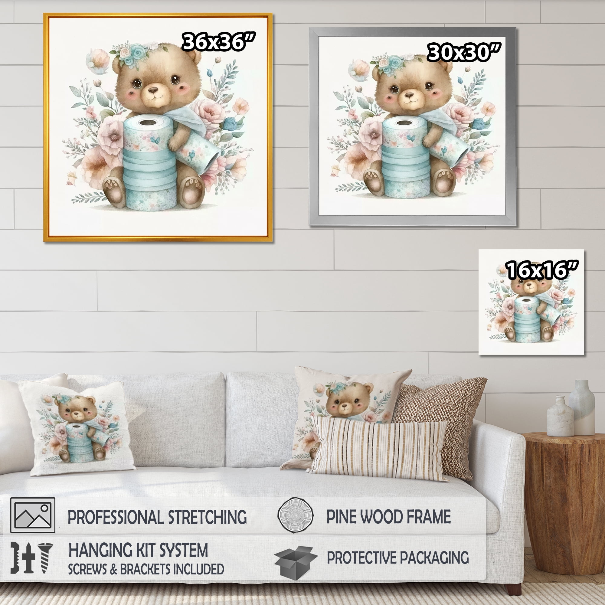 Designart Teddy Bear With Roll Of Toilet Paper And Flowers Canvas Wall Art