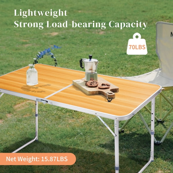 4Ft Portable Multipurpose Folding Table 70lb Capacity - Wood Grain Lightweight Camping Table,Portable for Indoor/Outdoor, Locking Legs