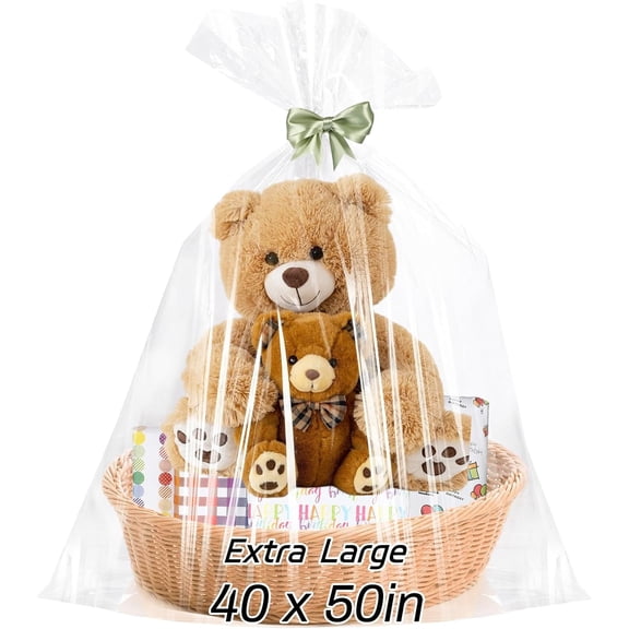 8 Pack 40x50 Inch Clear Cellophane Bags with Ribbon Bows - Extra Large Gift Wrap for Oversized Baskets, Wedding & Party Supplies