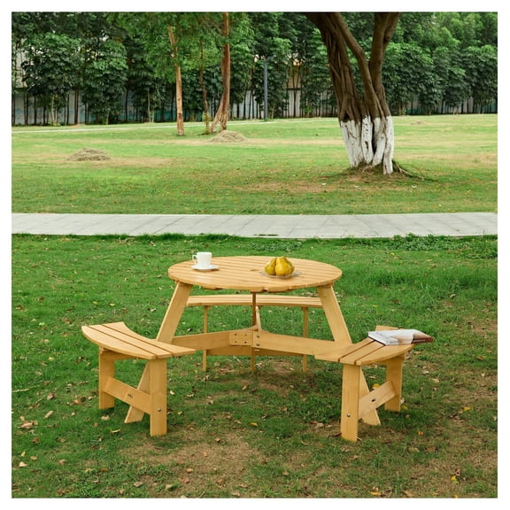 Outdoor 6 Person Picnic Table, 6 person Round Picnic Table with 3 Built-in Benches, Umbrella Hole, Outside Table and Set for Garden, Backyard, Porch, Patio, Natural