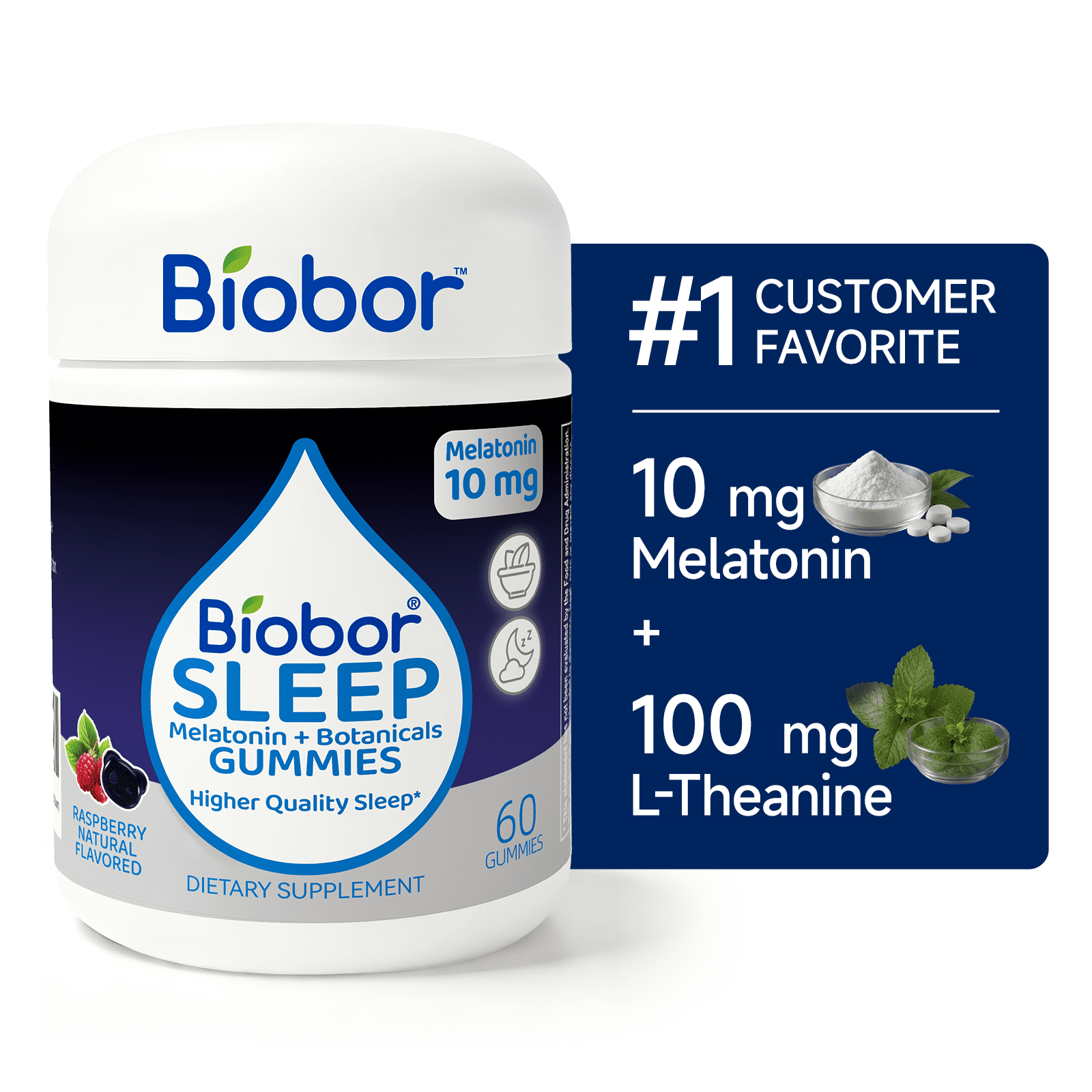 Biobor Sleep Gummies, 10mg Melatonin & 100mg L-Theanine & Herbal Extracts, Calm & Relaxation Support, Non-GMO, Gluten Free, Raspberry Flavored, 60 Count