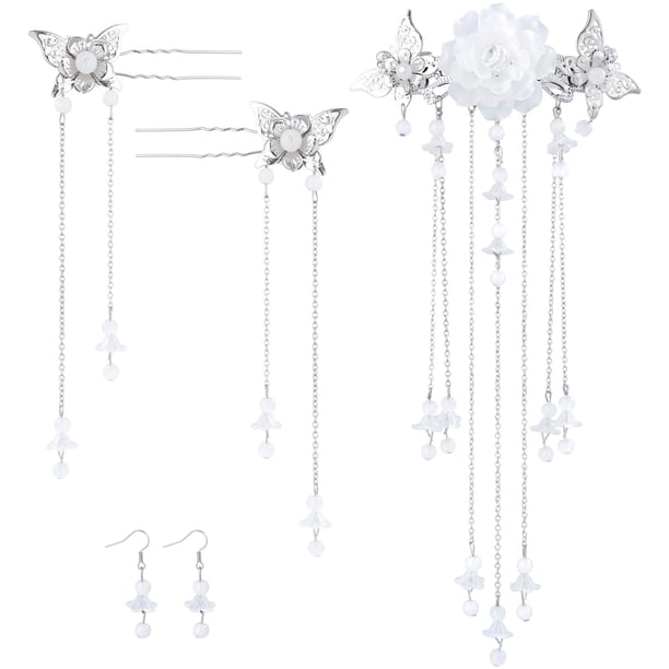 Joez Wonderful Juego de 5 horquillas chinas para el pelo, mariposas, pasadores para el pelo con borla larga, flores para el pelo Hanfu, accesorios de peinado con perlas, juego de pendientes para mujer